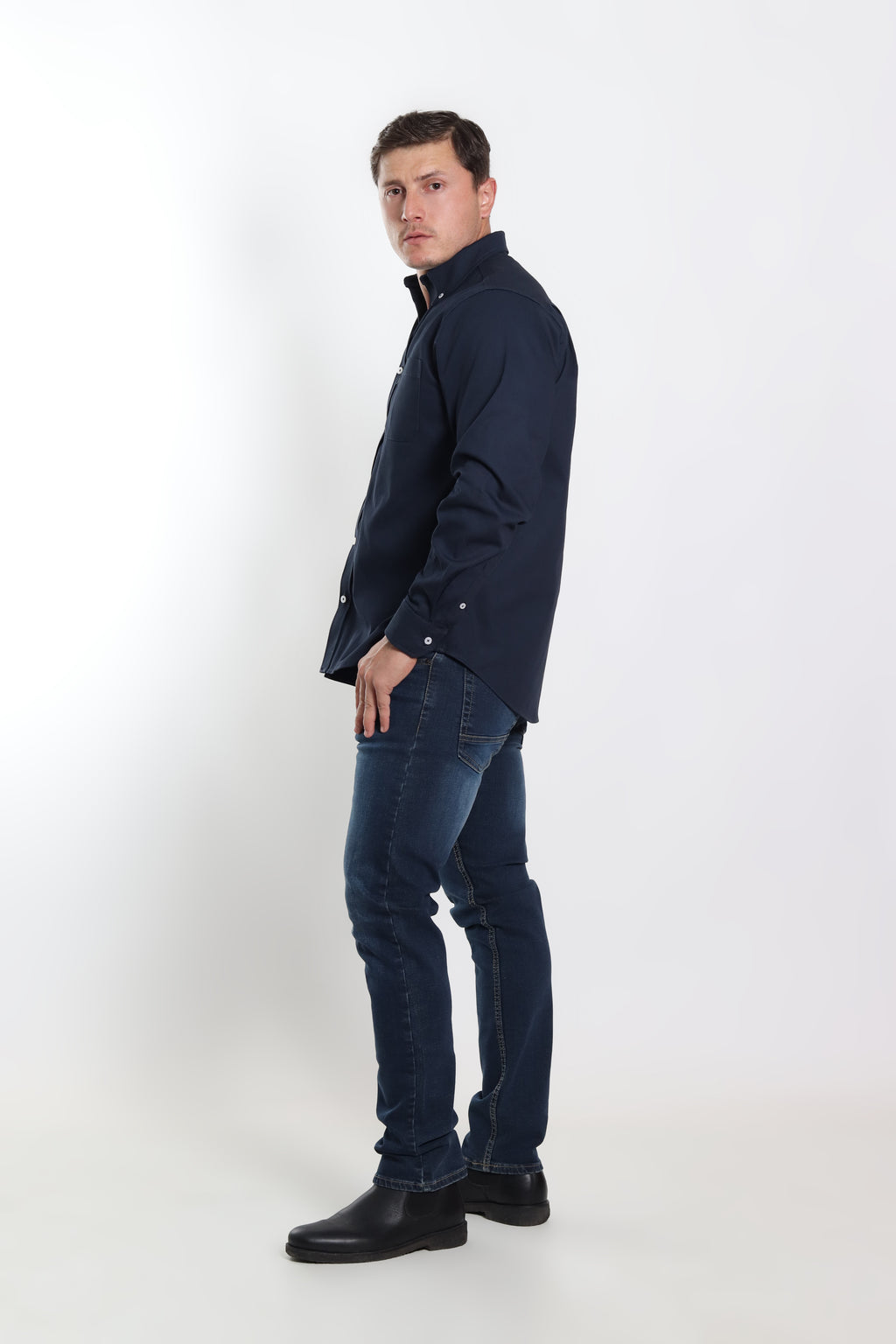 Camisa gabardina caballero azul marino manga larga