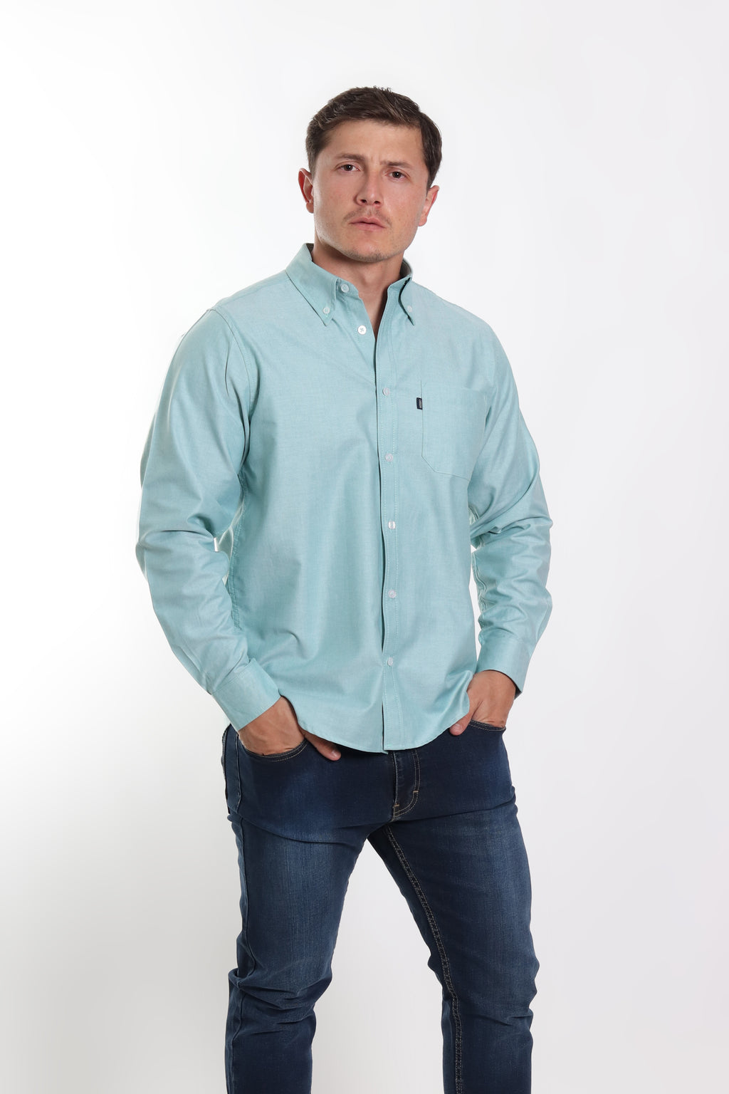 Camisa caballero oxford verde manga larga