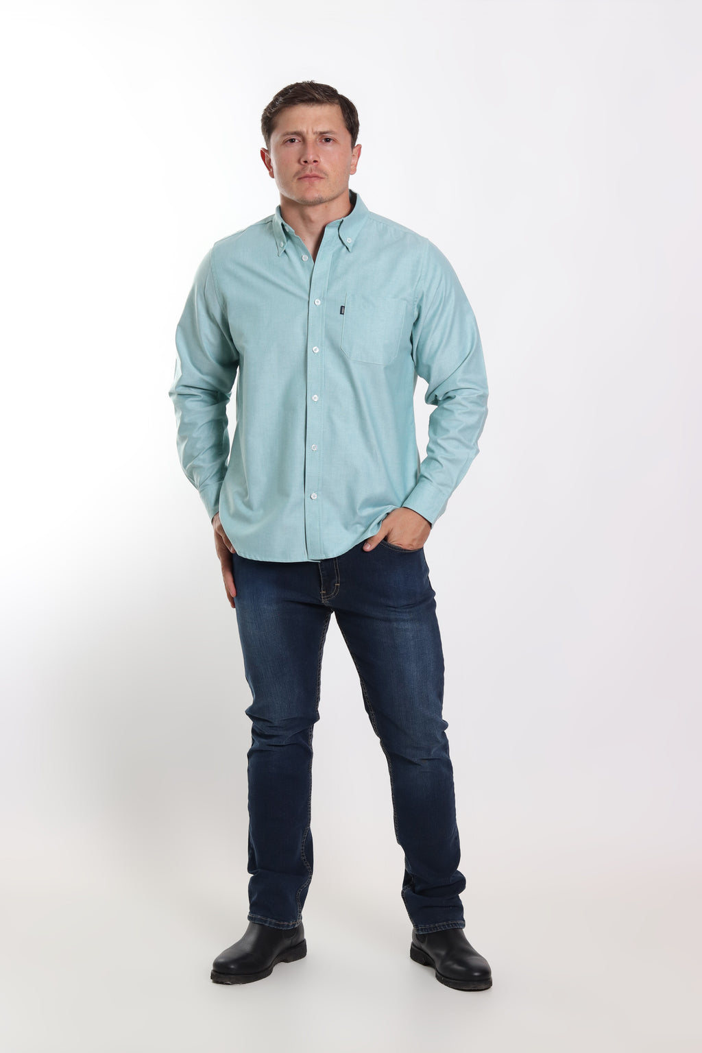 Camisa caballero oxford verde manga larga