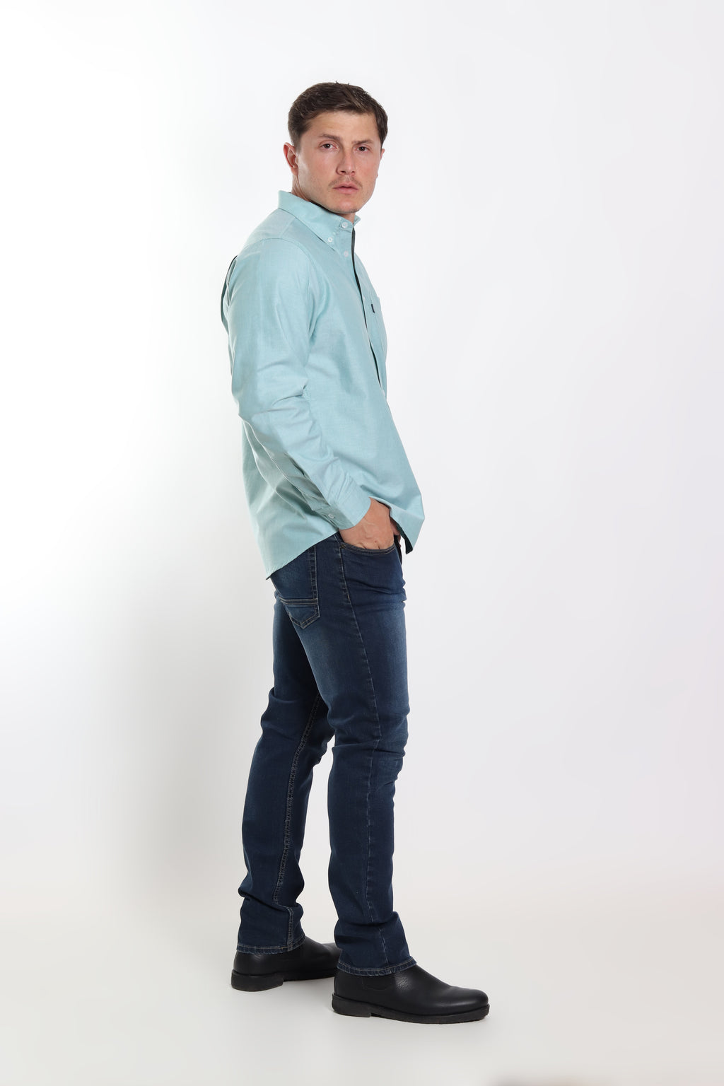 Camisa caballero oxford verde manga larga